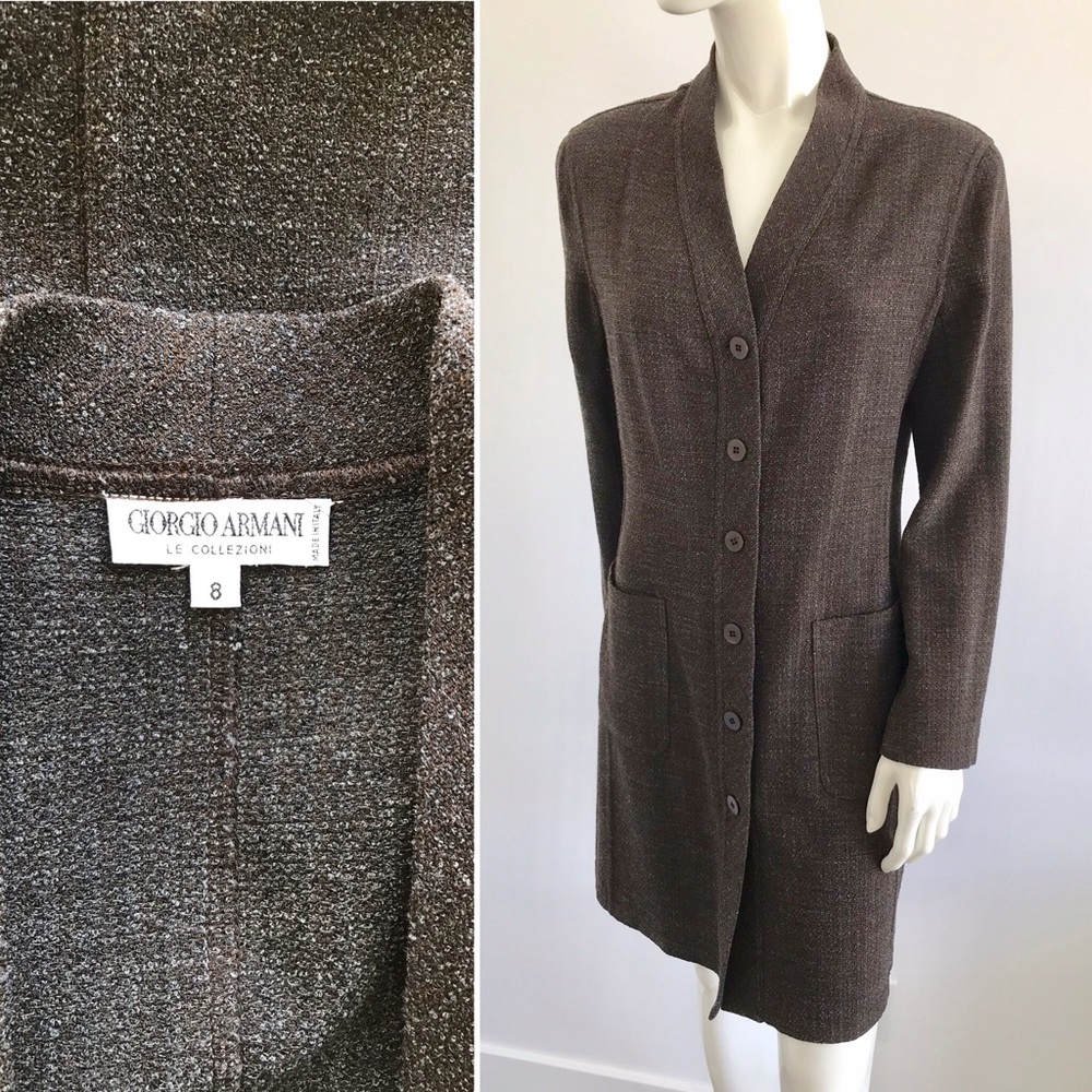 Early 1990s Giorgio Armani Le Collezioni Brown Tweed Long Jacket Size M